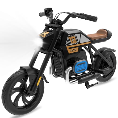 RCB R9 Kinder-Elektromotorrad, Elektro Motorrad mit Lautsprecher, 10/15/25KMH&15KM Reichweite, Stimmungsbeleuchtung, 12-Zoll-Luftreifen für Kinder 4+ Jahren von RCB