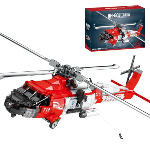 RCPLANTOUY Technik Militär Bausteine Kit für Jugendliche & Erwachsene, HH-60J Rescue Helicopter mit rot-weißem Design, 1093 Teile Military Model für Wohnzimmer Büro, Geschenk für Luftfahrtfans von RCPLANTOUY