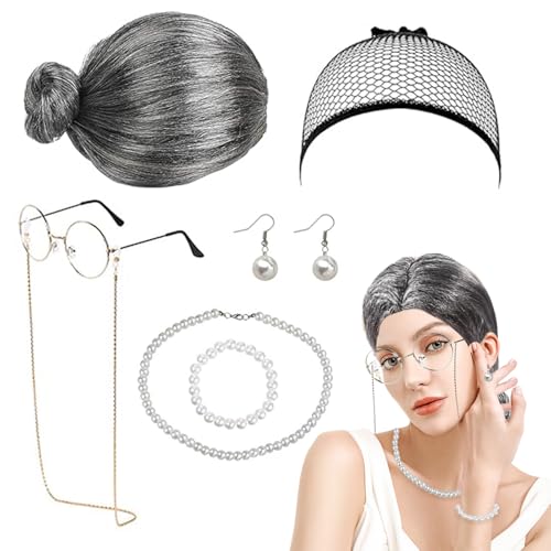 7 Pièces Oma Perücke Kostüm Accessoire Set, Old Lady Kostüm Großmutter Cosplay Zubehör Set, Alte Dame Perücke, Großmutter Perücke Kappe Oma Brille mit Ketten Perlenkette für Karneval Halloween 7 Pièces Oma Perücke Kostüm Accessoire Set, Old Lady Kostüm Großmutter Cosplay Zubehör Set, Alte Dame Perücke, Großmutter Perücke Kappe Oma Brille mit Ketten Perlenkette für Karneval Halloween von RCYHCY