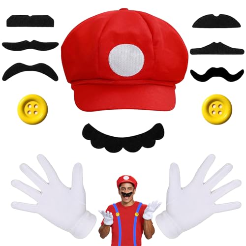 RCYHCY 12 Stück Super bros kostüm Accessories, Super Bros Mütze rot und grün Hut, Kostüm Accessories Mütze Handschuhe Hut Bart Knöpfe für Fasching Halloween Karneval Cosplay RCYHCY 12 Stück Super bros kostüm Accessories, Super Bros Mütze rot und grün Hut, Kostüm Accessories Mütze Handschuhe Hut Bart Knöpfe für Fasching Halloween Karneval Cosplay von RCYHCY