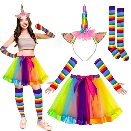 4 Stück Einhorn Kostüm Erwachsene, Regenbogen Kostüm Damen, Regenbogen Tüllrock, Einhorn Horn Stirnband, Regenbogen Kniestrümpfe, Regenbogen Lange Handschuhe, Für Karnevalspartys und Mottoparty 4 Stück Einhorn Kostüm Erwachsene, Regenbogen Kostüm Damen, Regenbogen Tüllrock, Einhorn Horn Stirnband, Regenbogen Kniestrümpfe, Regenbogen Lange Handschuhe, Für Karnevalspartys und Mottoparty von RCYHCY