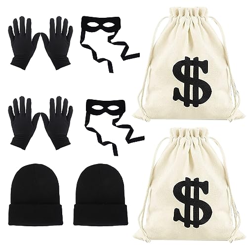 RDWESZOD Robber Kostüm Set - Bandit Maske, Cap, Bag & Gloves - Burglar Kostüm - Bank Robber Accessories for Halloween Cosplay Burglar Theme Party, 8 Stück von RDWESZOD