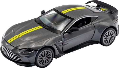RE-EL TOYS Aston Martin V12 Vantage 1:32 mit offizieller Lizenz, Türen und Truhen zum Öffnen, Rückzug-Mechanismus für die Bewegung, Vitrine (Grau/Gelb) von RE-EL TOYS