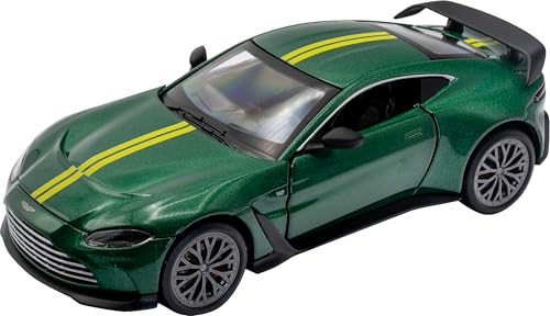 RE-EL TOYS Aston Martin V12 Vantage 1:32 mit offizieller Lizenz, Türen und Truhen zum Öffnen, Rückzug-Mechanismus für die Bewegung, Vitrine (grün/gelb) von RE-EL TOYS