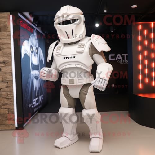 REDBROKOLY Weißes spartanisches Soldaten-Maskottchen-Kostüm, gekleidet mit einem grafischen T-Shirt und Clutch-Taschen von REDBROKOLY