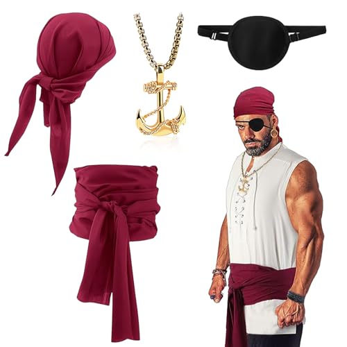Mittelalter Piratenkostüm Zubehör Set Damen Herren Piraten Accessoires Set mit Piraten Taillengürtel, Stirnband, Anker-Anhänger Halskette, Augenklappe Karneval Halloween Cosplay Party (4 Stück, Rot) von REDKNOT