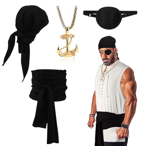 Mittelalter Piratenkostüm Zubehör Set Damen Herren Piraten Accessoires Set mit Piraten Taillengürtel, Stirnband, Anker-Anhänger Halskette, Augenklappe Karneval Halloween Party (4 Stück, Schwarz) von REDKNOT
