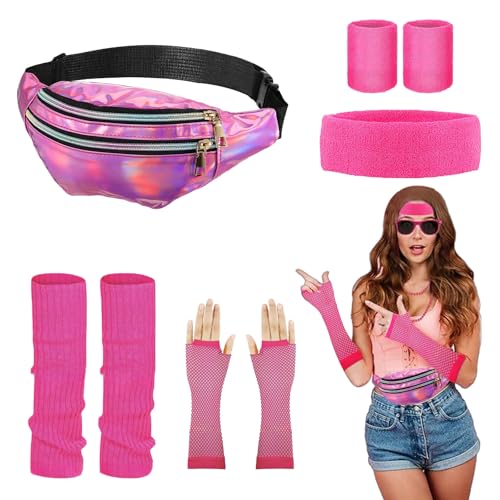 REDKNOT Damen 80er Jahre Outfit 90er Jahre Disco Neon Kostüm Accessoires, Stirnband, Beinwärmer, Armbänder, Netzhandschuhe, Wasserdicht Gürteltasche 70er Kostüm für Karneval Neon Party (Rosarot) von REDKNOT