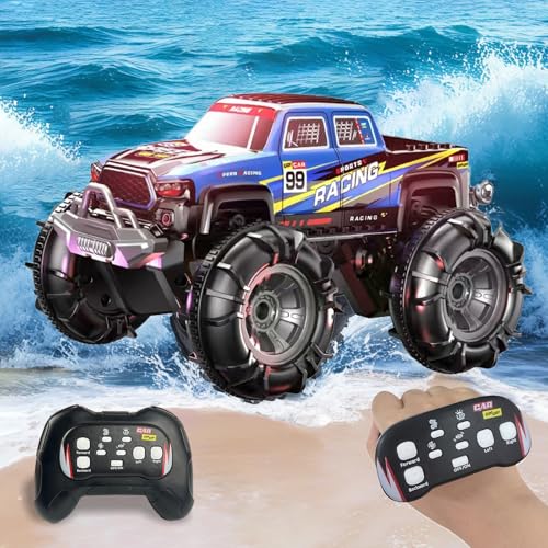 REDKNOT Amphibisches Ferngesteuertes Auto 2,4 GHz 4WD Ferngesteuerter Monstertruck 360° Drift 1:18 RC Auto Wasserdichter mit Gestensensor und LED Licht für Sand Wasser und Schlamm(Blau) von REDKNOT