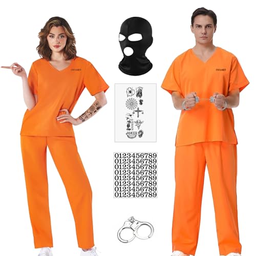 Sträfling Kostüm Herren Damen Prisoner Häftling Kostüm Orange Gefangener Outfit mit Handschellen Halloween Gefangener Uniform Karneval Halloween Cosplay Prop für Unisex Erwachsene Gefängnis, M von REDKNOT