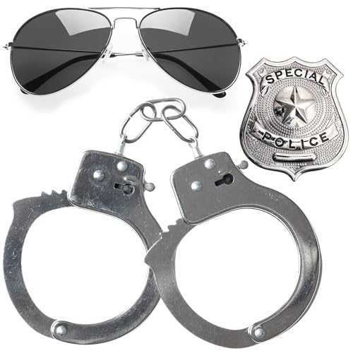 3-teiliges Polizei-Kostüm für Damen, Polizei-Zubehör, mit Polizei-Abzeichen, Polizei-Handschellen und Sonnenbrille für Polizei-Kostüm, Halloween-Kostüm, Zubehör für Herren, Polizei-Kostüm-Zubehör von REDSTAR FANCY DRESS