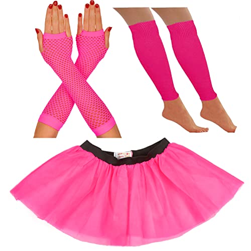 80er Jahre Kostüm für Frauen Neon Tutu Rock 80er Jahre Kostüm Neon Party Zubehör 1980er Jahre Kostüme für Frauen Neon Tutu Neon Beinstulpen Neon Fischnetz Handschuhe Rave Outfit (32-38, Rosa) von REDSTAR FANCY DRESS