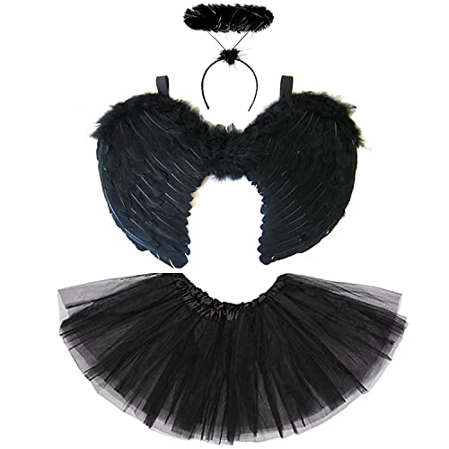 Engel Kostüm Damen mit Heiligenschein, Engelsflügel und Tüllrock Schwarz – Black Angel – Flügel Erwachsene – Faschingskostüme – Horror Kostüm für Halloween von REDSTAR FANCY DRESS