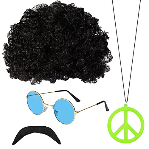 Hippie Accessoires 70er Jahre Verkleidung Hippie Kostüm, Friedenszeichen Halskette 60er Jahre Zubehör Set, flippige Afro, runde Lennon Brille, Schnurrbart und Frieden Halskette Hippie Accessoires 70er Jahre Verkleidung Hippie Kostüm, Friedenszeichen Halskette 60er Jahre Zubehör Set, flippige Afro, runde Lennon Brille, Schnurrbart und Frieden Halskette von REDSTAR FANCY DRESS