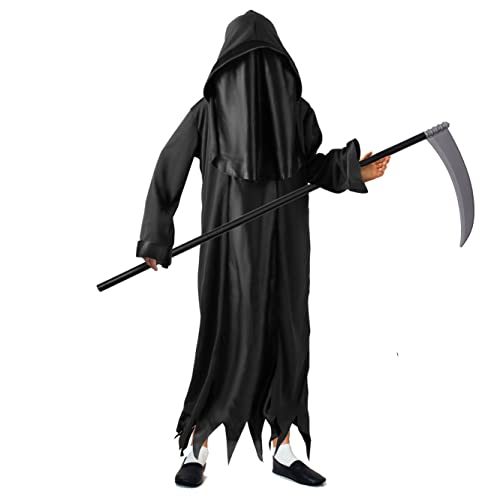 Kids Grim Reaper Costume 2 Piece Set- Long Black Hooded Cape and Plastic Scythe Weapon - World Book Day, Fancy Dress, Halloween Costume for Kids (Medium) von REDSTAR FANCY DRESS
