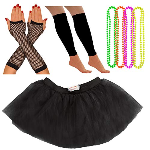 Neon-Tutu, Fischnetzhandschuhe, Beinstulpen, 4 Stück, Halskette und Perlen, 1980er-Jahre-Kostüm, fluoreszierendes Zubehör-Set, mehrfarbig, Damen, Junggesellinnenabschied-Kostüm (40-48, schwarz) von REDSTAR FANCY DRESS
