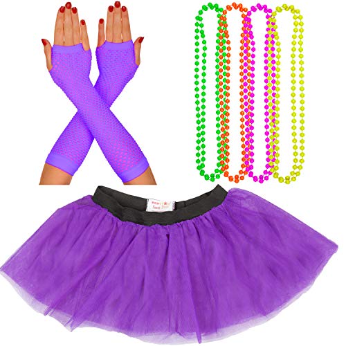 Neon-Tutu, Fischnetzhandschuhe und 4 Packungen Perlen, Neonfarben, lebendiges Kostümzubehör, 1980er-Jahre-Motto, Junggesellinnenabschiede, lustige Läufe und Wohltätigkeitsveranstaltungen, Damen-Kostüm von REDSTAR FANCY DRESS