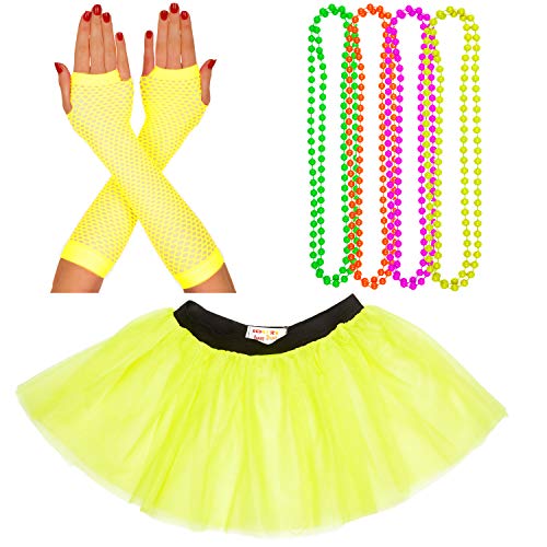 Neon-Tutu, Fischnetzhandschuhe und 4 Packungen Perlen, Neonfarben, lebendiges Kostümzubehör, 1980er-Jahre-Motto, Junggesellinnenabschiede, lustige Läufe und Wohltätigkeitsveranstaltungen, Damen-Kostüm von REDSTAR FANCY DRESS