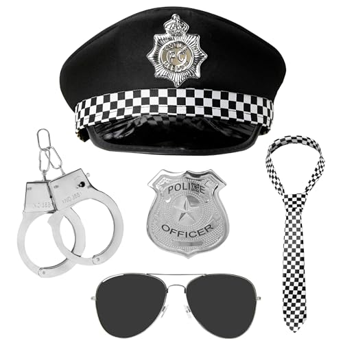 Polizei-Kostüm für Erwachsene, 5-teilig, Polizei-Zubehör für Polizei-Kostüm – Polizei-Set mit Polizeimütze und Handschellen, Polizeiabzeichen, Polizei-Krawatte und Brille – Halloween-Polizei-Outfit von REDSTAR FANCY DRESS