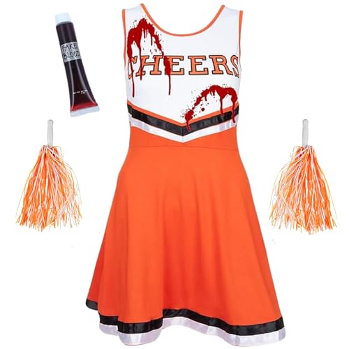 REDSTAR Cheerleader Kostüm Damen mit Pompons & Kunstblut – Gruseliger High School Zombie – Halloween Party oder Karneval von REDSTAR FANCY DRESS