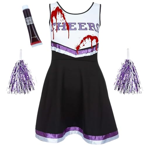 REDSTAR Cheerleader Kostüm Damen mit Pompons & Kunstblut – Gruseliger High School Zombie – Halloween Party oder Karneval von REDSTAR FANCY DRESS