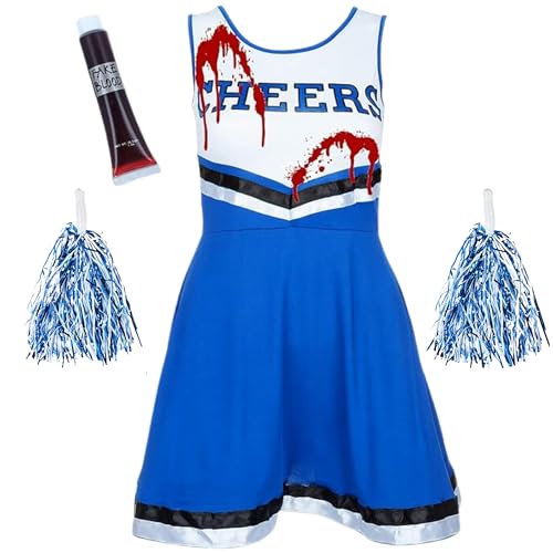 REDSTAR Cheerleader Kostüm Damen mit Pompons & Kunstblut – Gruseliger High School Zombie – Halloween Party oder Karneval von REDSTAR FANCY DRESS