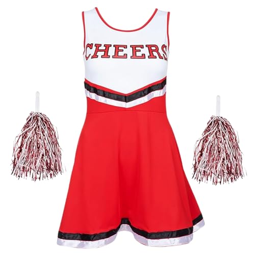 REDSTAR FANCY DRESS Cheerleader Kostüm Kinder mit High School Cheerleader Pompons – Halloween Kostüm Teenager Mädchen – Kinderkostüm Faschingskostüme Kinder, Karneval, Party von REDSTAR FANCY DRESS