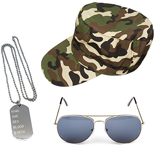 REDSTAR FANCY DRESS Unisex Verkleidungsset im Army-Stil - Camouflage-Mütze, Erkennungsmarke und Pilotenbrille mit goldfarbenem Rand von REDSTAR FANCY DRESS