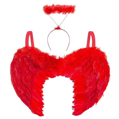 Engelsflügel Rot mit Heiligenschein – Engel Kostüm Damen – Rote Federflügel als Teufelsflügel für Faschingskostüme – Teufel Kostüm – Flügel Erwachsene – Halloween Party, Karneval, Fasching von REDSTAR FANCY DRESS