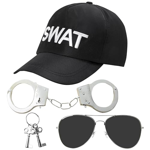 SWAT Kostüm für Erwachsene – 3-teiliges Swat Halloween-Kostüm-Zubehör – Herren Halloween-Kostüm, Polizei-Zubehör – Swat Kostüm-Zubehör inklusive Swat Hut, Polizei-Handschellen und Sonnenbrille von REDSTAR FANCY DRESS