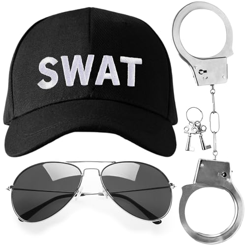 SWAT Kostüm für Erwachsene, 3-teiliges Swat-Halloween-Kostüm-Zubehör, Herren-Halloween-Kostüm, Polizeizubehör, Swat-Kostüm-Zubehör inklusive Swat-Hut, Polizeihandschellen und Sonnenbrille SWAT Kostüm für Erwachsene, 3-teiliges Swat-Halloween-Kostüm-Zubehör, Herren-Halloween-Kostüm, Polizeizubehör, Swat-Kostüm-Zubehör inklusive Swat-Hut, Polizeihandschellen und Sonnenbrille von REDSTAR FANCY DRESS