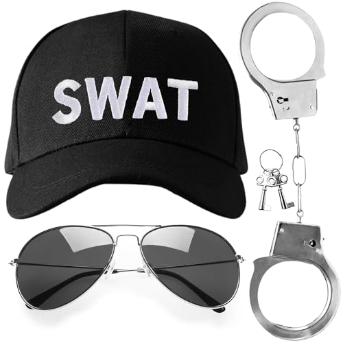 SWAT Kostüm für Erwachsene – 3-teiliges Swat Halloween-Kostüm-Zubehör – Herren Halloween-Kostüm, Polizei-Zubehör – Swat Kostüm-Zubehör inklusive Swat Hut, Polizei-Handschellen und Sonnenbrille von REDSTAR FANCY DRESS