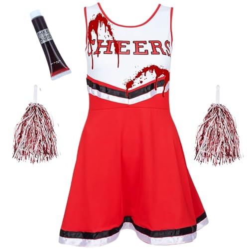 Zombie-Cheerleader-Kostüm für Frauen. Cheerleader-Outfit mit Pom-Poms. Ideal um als toter Cheerleader herumzugehen. Toll as Faschingskostüm zu High School Musical oder Halloween. von REDSTAR FANCY DRESS