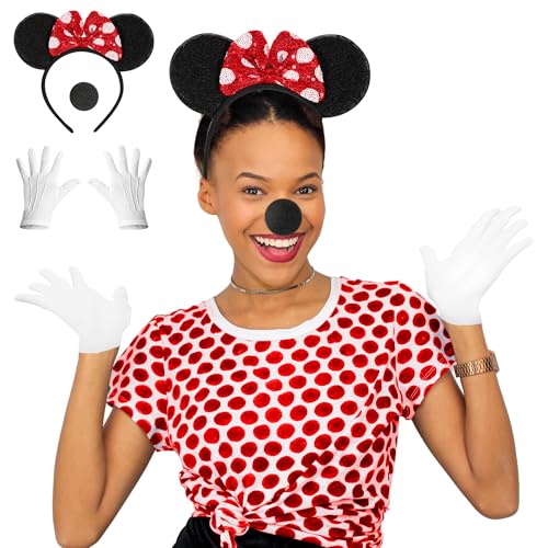 3-teiliges Maus Kostüm Damen – Fasnachtskostüme Damen und Kinder oder Faschingskostüme Mädchen – Maus Ohren Haarreif Fasching mit Glitzerschleife, weiße Handschuhe und schwarze Mäusenase 3-teiliges Maus Kostüm Damen – Fasnachtskostüme Damen und Kinder oder Faschingskostüme Mädchen – Maus Ohren Haarreif Fasching mit Glitzerschleife, weiße Handschuhe und schwarze Mäusenase von REDSTAR