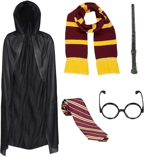 Kinder Dark Wizard Halloween-Kostüm, 5-teilig, mit Kapuze, Schal, Zauberstab, Krawatte, Brillenkostüm Kinder Dark Wizard Halloween-Kostüm, 5-teilig, mit Kapuze, Schal, Zauberstab, Krawatte, Brillenkostüm von REDSTAR