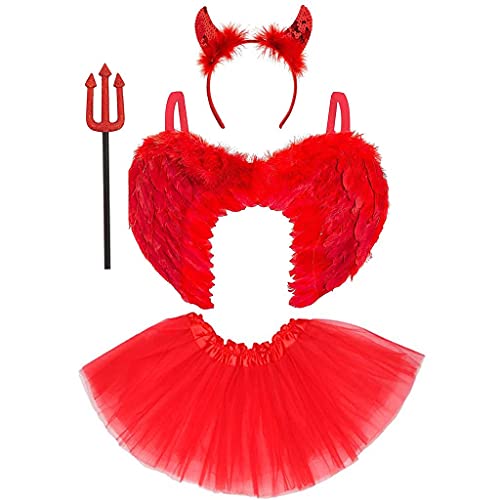 Kinder Teufel Kostüm – 4-teiliges Set beinhaltet: rote Federflügel, Teufelshörner Stirnband, Dreizackgabel Requisite und roter Tutu Rock, Halloween-Outfit, Mädchen Cosplay, Verkleidung für Kinder von REDSTAR