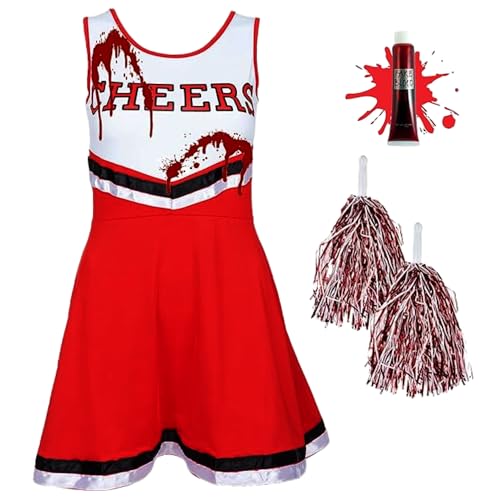REDSTAR Cheerleader Kostüm Kinder mit Pompons & Kunstblut – Gruseliger High School Zombie – Faschingskostüme Mädchen –Halloween Party oder Karneval von REDSTAR