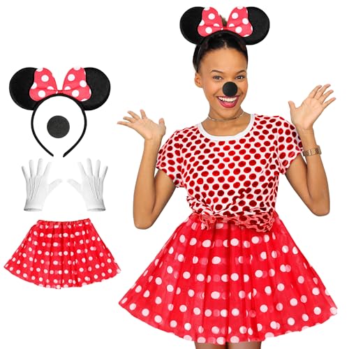 4-teiliges Maus Kostüm Damen – Fasnachtskostüme Damen und Kinder – Tüllrock Rot mit weissen Punkten, Maus Ohren Haarreif Fasching mit Glitzerschleife, weiße Handschuhe und eine schwarze Mäusenase 4-teiliges Maus Kostüm Damen – Fasnachtskostüme Damen und Kinder – Tüllrock Rot mit weissen Punkten, Maus Ohren Haarreif Fasching mit Glitzerschleife, weiße Handschuhe und eine schwarze Mäusenase von REDSTAR