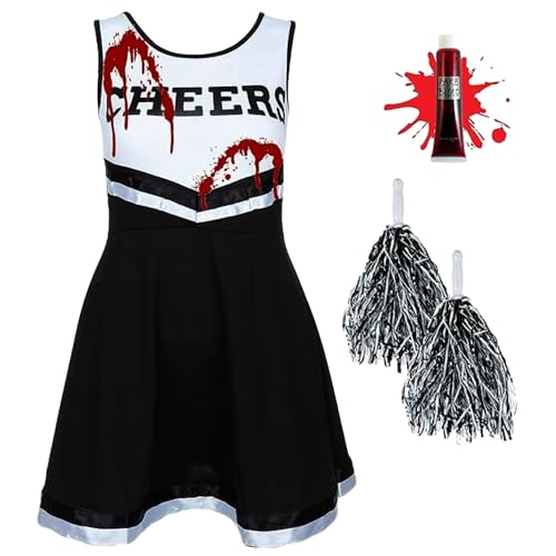 REDSTAR Cheerleader Kostüm Kinder mit Pompons & Kunstblut – Gruseliger High School Zombie – Faschingskostüme Mädchen –Halloween Party oder Karneval von REDSTAR
