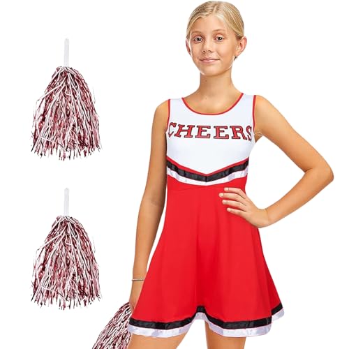 REDSTAR Cheerleader Kostüm Kinder mit Pompons in Schwarz oder Rot – Perfekt für Karneval, Fasching & Tanzaufführungen von REDSTAR