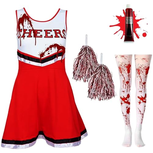 REDSTAR Cheerleader Kostüm Kinder mit Strümpfen & Kunstblut – Gruseliger High School Zombie – Faschingskostüme Mädchen –Halloween Party oder Karneval von REDSTAR