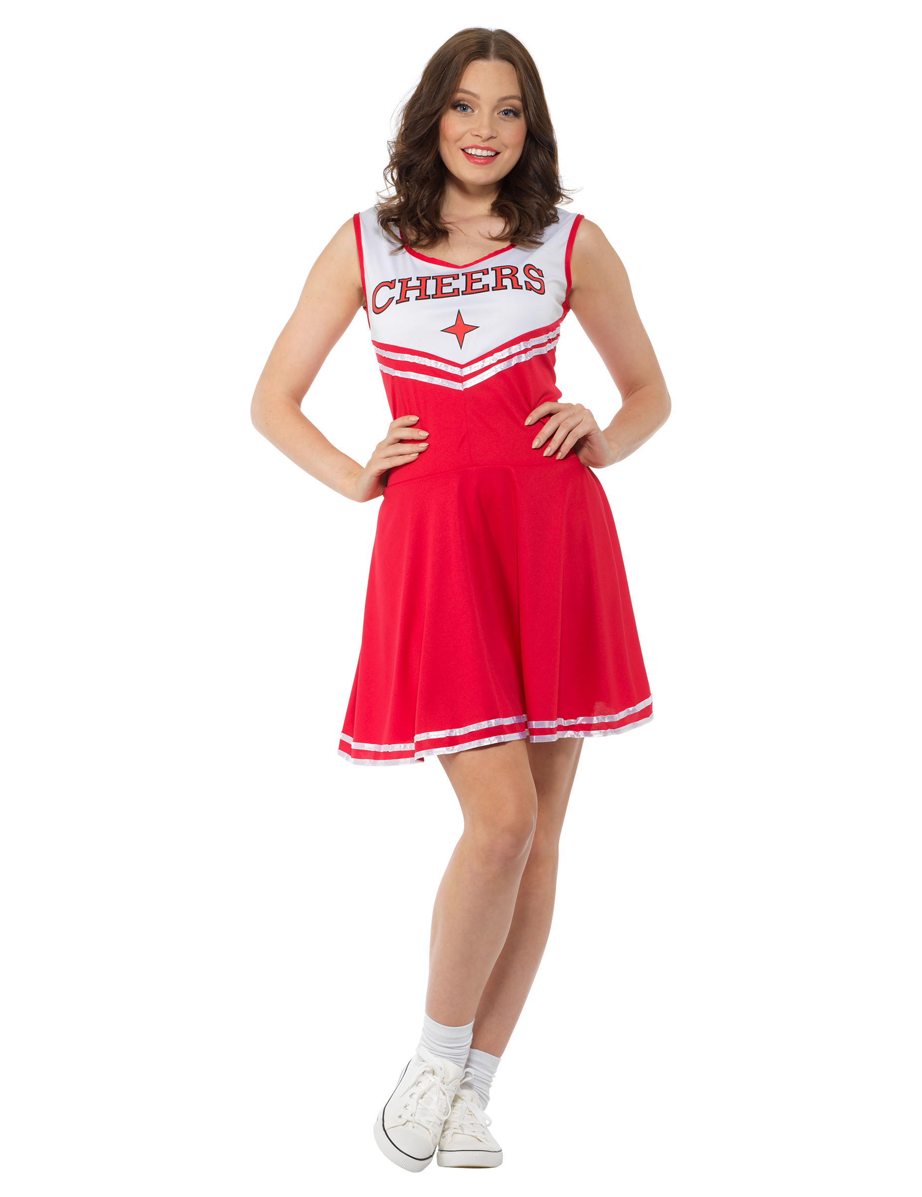 Cheerleaderin-Kostüm für Damen mit PomPoms rot-weiss-blau von KARNEVAL-MEGASTORE