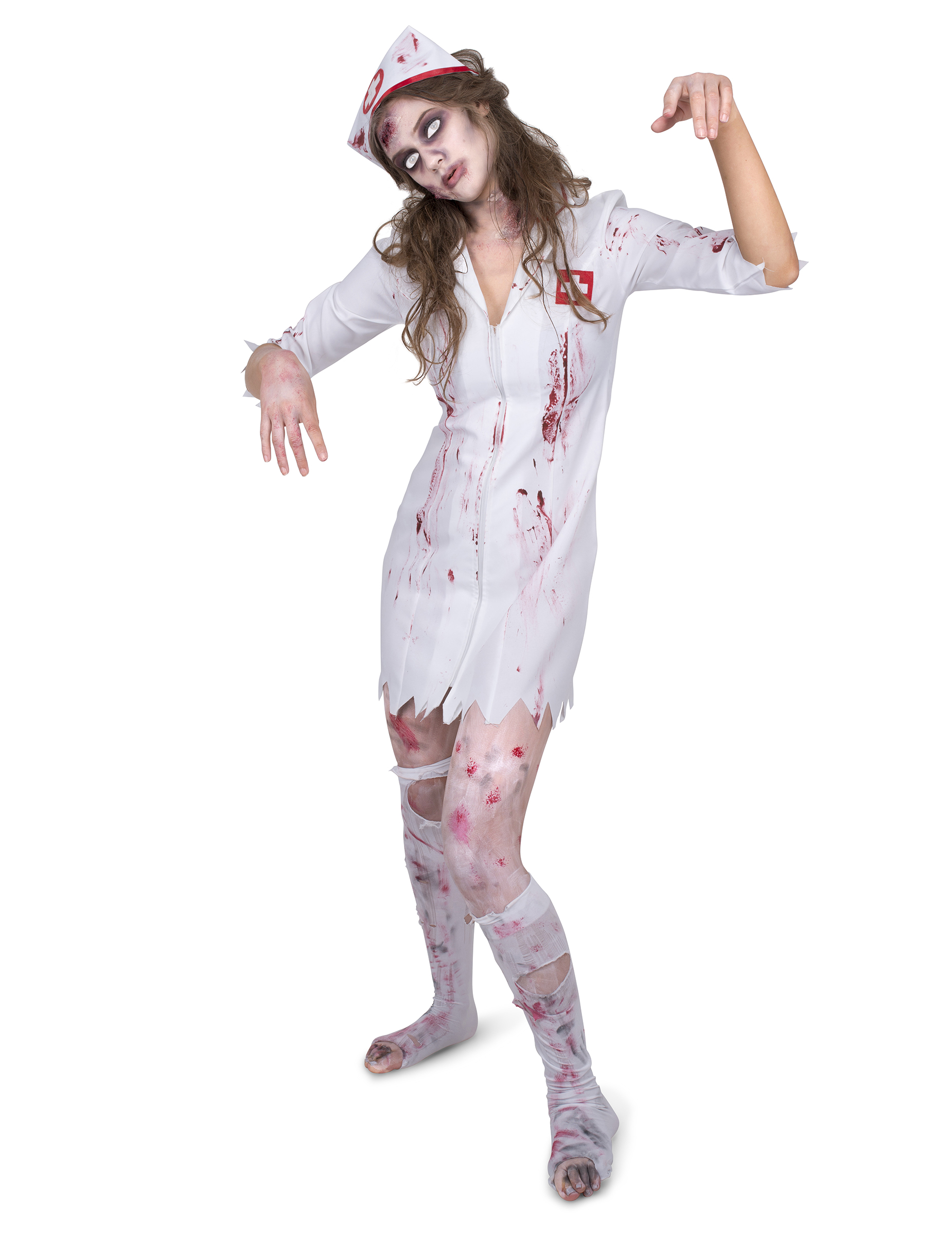 Halloween Damen-Kostüm Horrorkrankenschwester weiss-rot von KARNEVAL-MEGASTORE