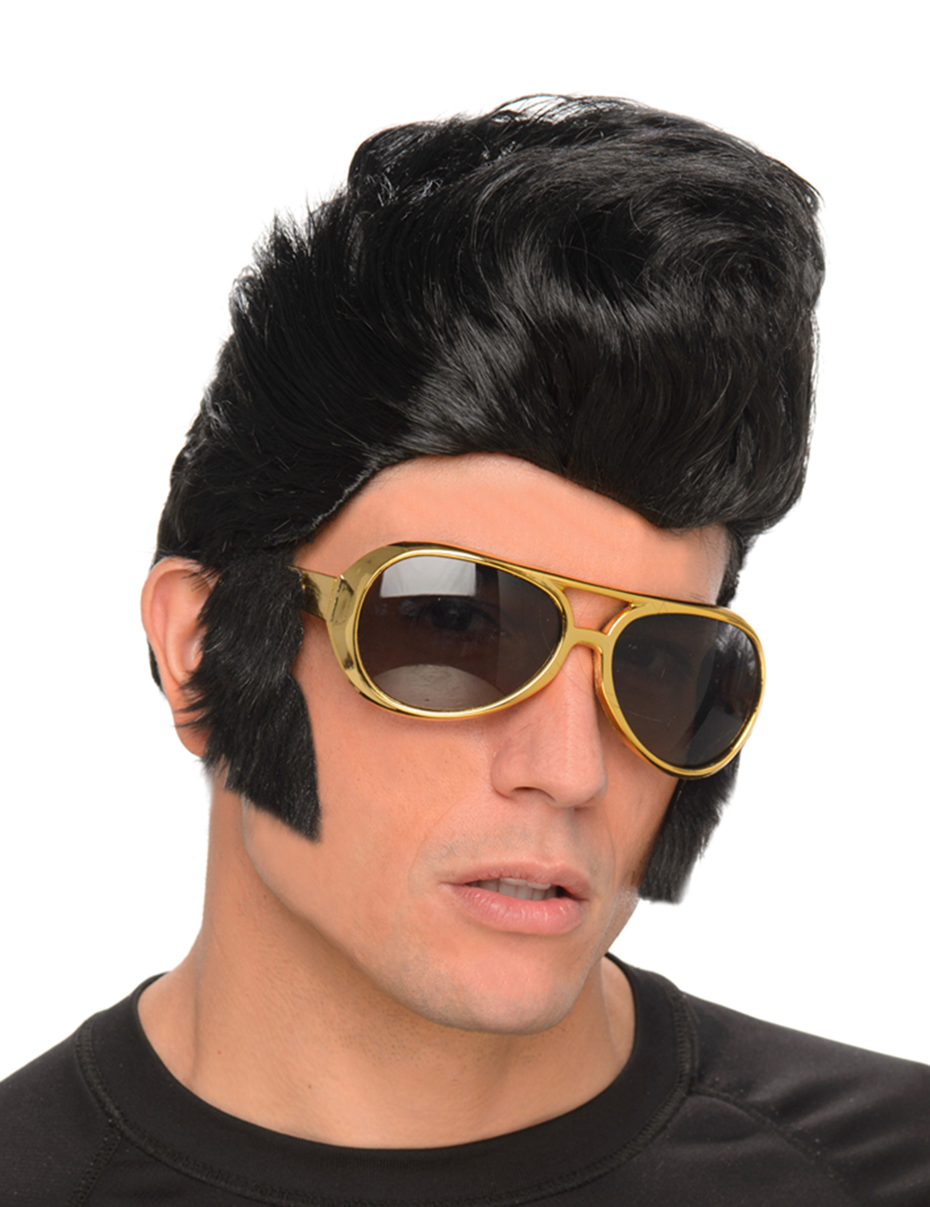 Rock and Roll Perücke Herren schwarz mit Brille gold von KARNEVAL-MEGASTORE