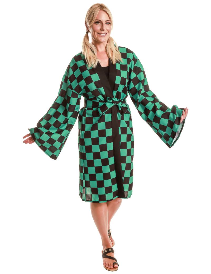 Schachbrettmuster Kimono für Erwachsene grün schwarz von KARNEVAL-MEGASTORE