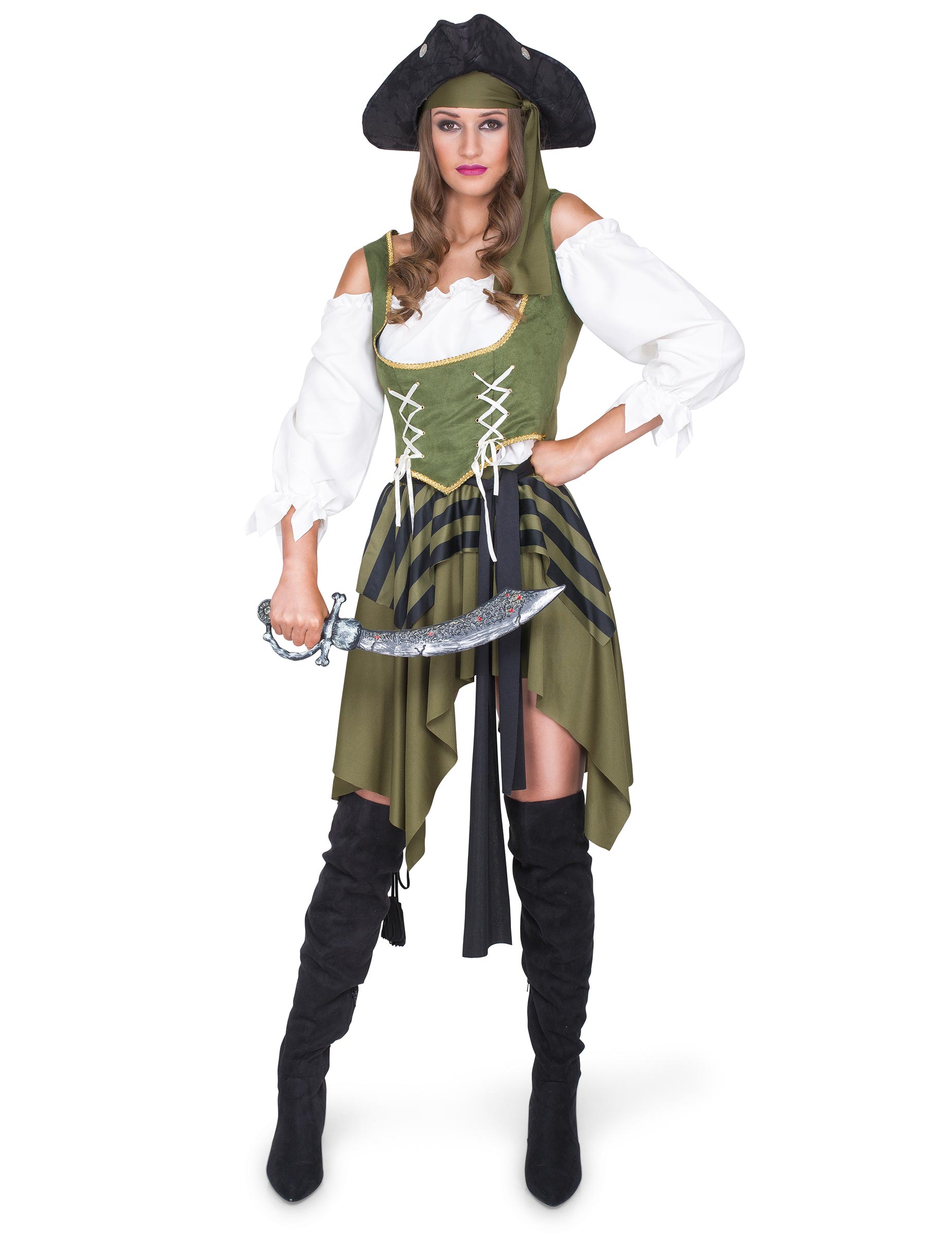 Verführerische Piratin Seeräuberin Damenkostüm khaki-schwarz-weiss Verführerische Piratin Seeräuberin Damenkostüm khaki-schwarz-weiss von KARNEVAL-MEGASTORE