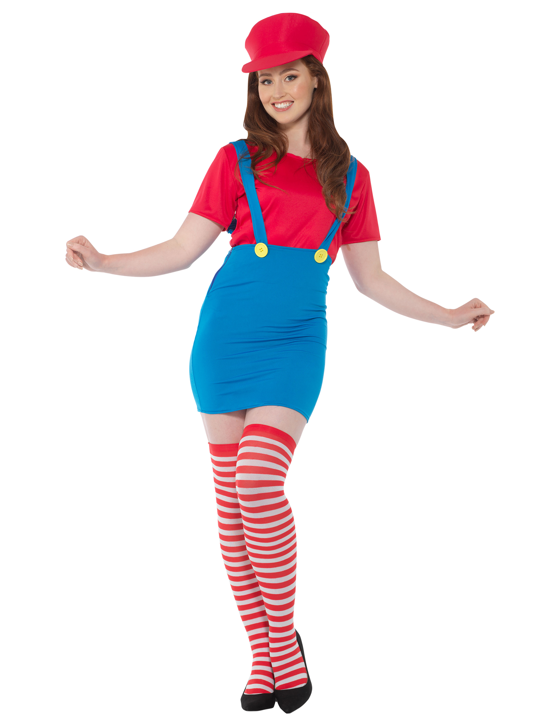 Videospiel Klempnerin Damenkostüm blau-rot von KARNEVAL-MEGASTORE