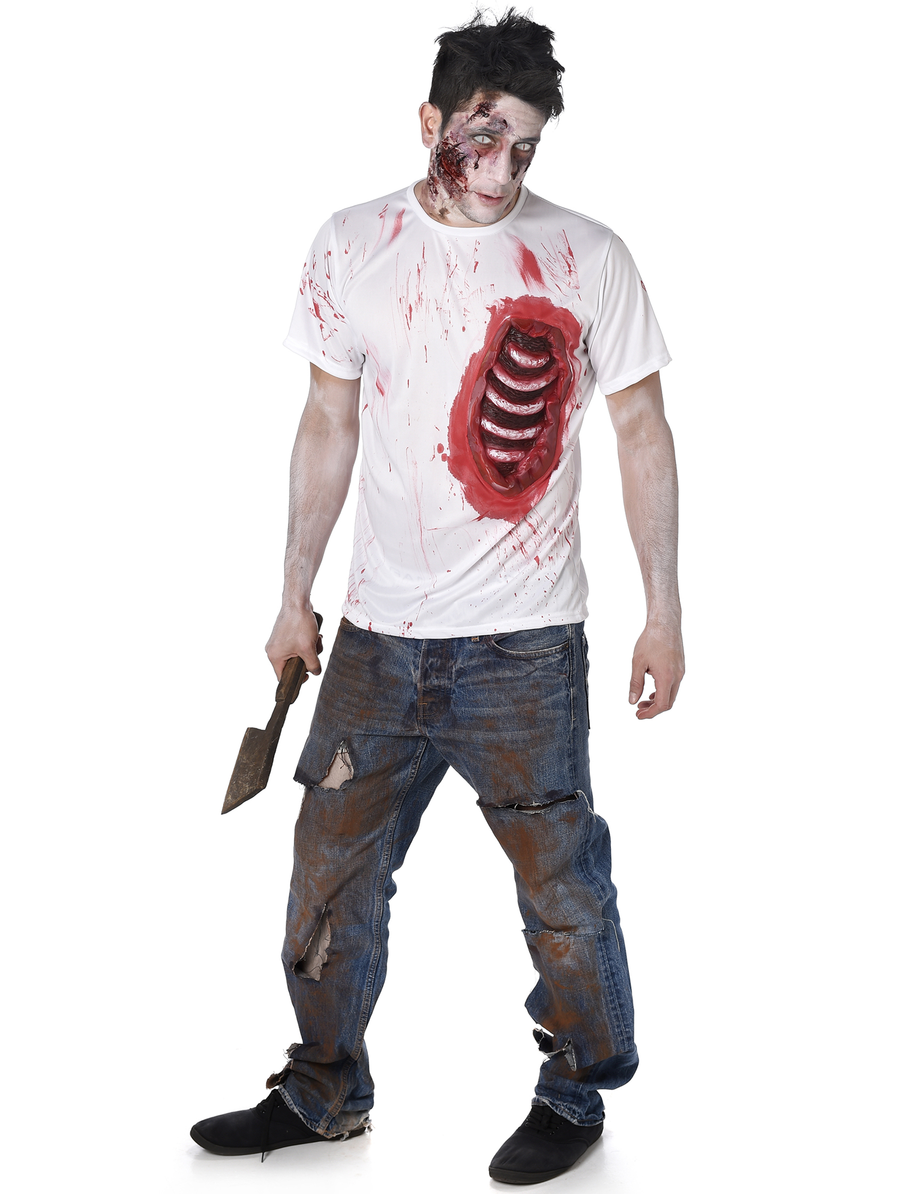 Zombie T-Shirt mit Rippen Halloween weiss-rot von KARNEVAL-MEGASTORE