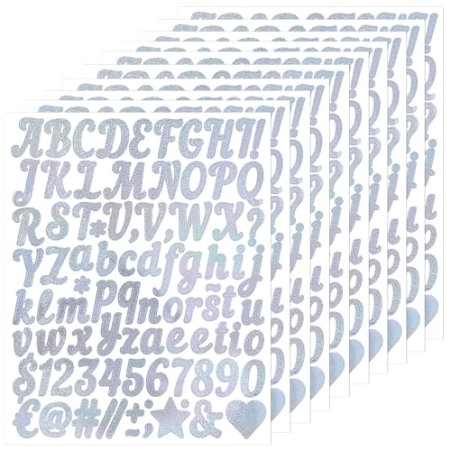 REEKNOKOL 10 Bögen Buchstabenaufkleber, Alphabet- und Zahlenaufkleber, Silberne Buchstaben- und Zahlenaufkleber, Selbstklebende Buchstabenaufkleber für Dekoration, Basteln und Scrapbook (Silber) von REEKNOKOL