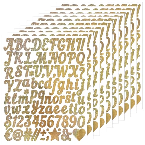 REEKNOKOL 10 Bögen Buchstabenaufkleber, Alphabet- und Zahlenaufkleber, goldene Buchstaben- und Zahlenaufkleber, Selbstklebende Buchstabenaufkleber für Dekoration, Basteln und Scrapbook (Gold) von REEKNOKOL